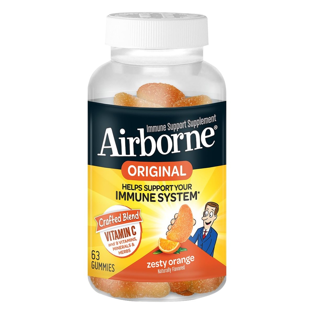luftgetragenes Vitamin C 750mg (pro Servieren) Zesty Orange Flavored Gummies (63 Count in a Bottle), Glutenfreie Immununterstützungsergänzung mit Vitaminen A C E, Selen, Echinacea & Ginger