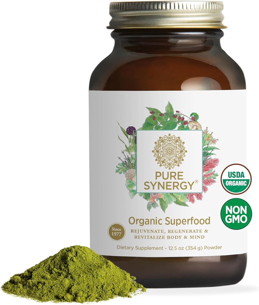 PURE SYNERGY Bio-Superfood-Pulver | Grüne Superfood-Pulver | Ganze Nahrungsergänzung mit Bio-Grünen, Spirulina und Pilzen | für Energie, gesundes Altern und Immungesundheit (12,5 Unzen)
