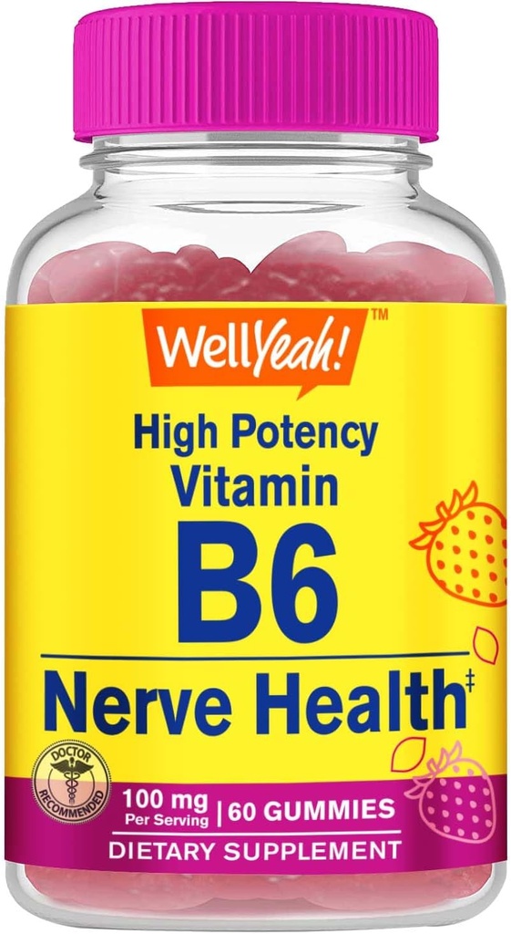 Wellja High Potency Vitamin B6 Gummies - fördert Nerve Gesundheit, kognitive Funktion, Mood-Regulierung, Immununterstützung und Herz-Kreislauf-Gesundheit - Vegan, Non-GMO, Gluten-Free - 60 Count