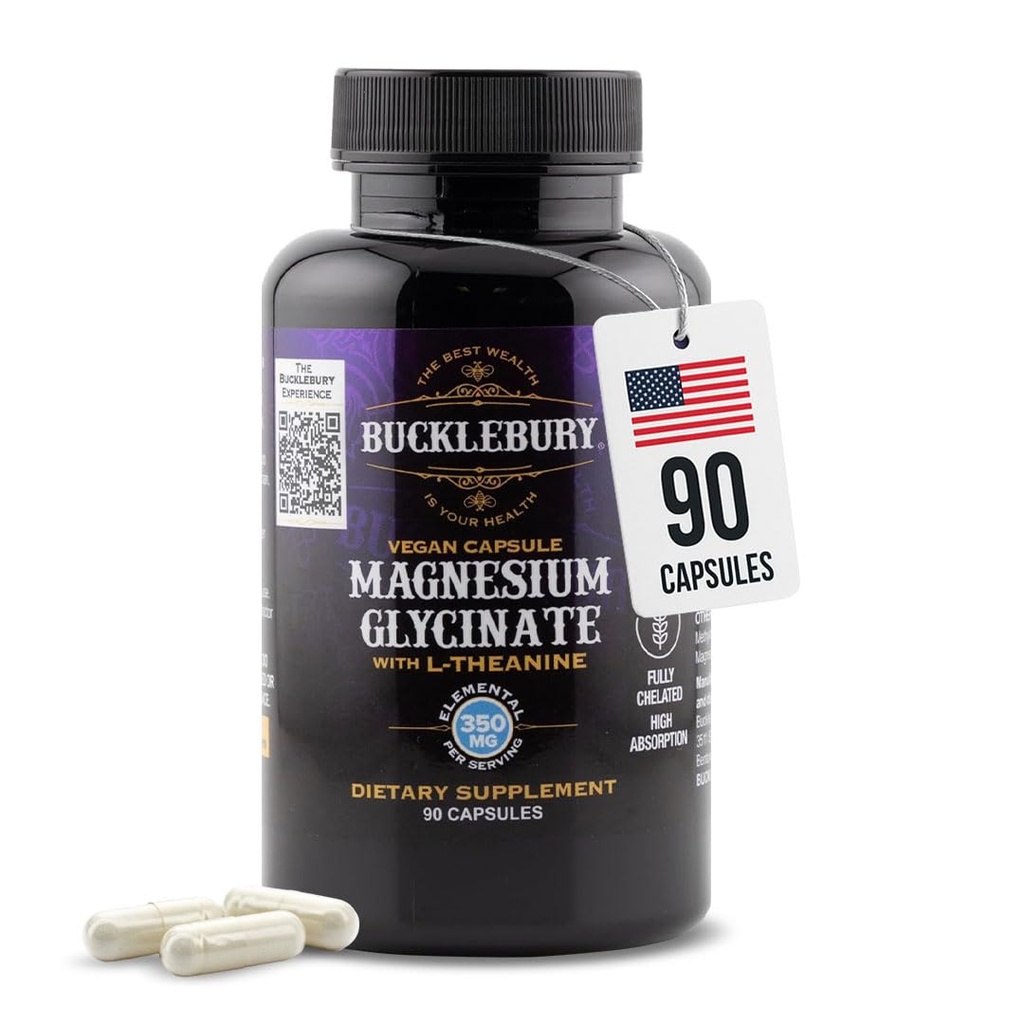 Bucklebury Glycinate de Magnésium Capsules avec L-Theanine 350mg - Formule avancée pour le soulagement du stress, le muscle et les os soutien de la santé - Suppléments de Glycinate de Magnésium pour les femmes et les hommes - Vegan 90 Comte