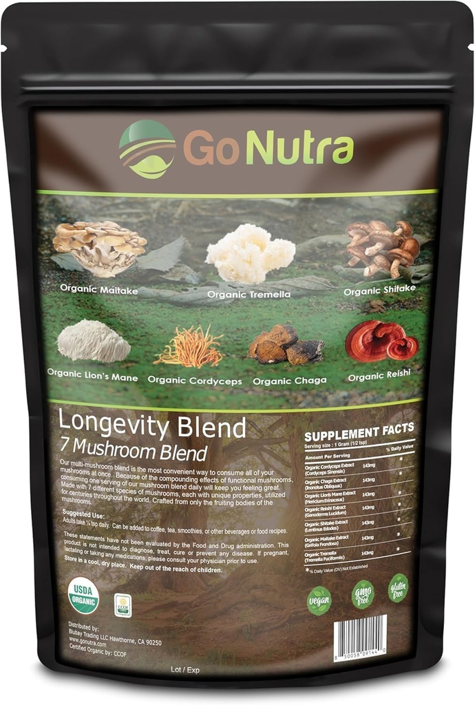 Go Nutra - Bio 7 Pilz-Ergänzung, Langlebigkeit Pilzpulver mit Lion's Mane, Chaga, Shiitake, Maitake, Reishi, Tremella und Cordyceps Pilz, Non-GMO, Gluten-Free, Vegan, 8 Unzen