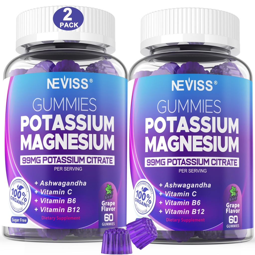 Kalium Magnesium Gummi - Kaliumergänzungsmittel w/Ashwagandha 200mg, Magnesium Glycinat,B6,B12,P-otassium Citrat für Leg Cramps,Muscle,Electroyte für Erwachsene Kinder,Sugar-Free, 2 Pack