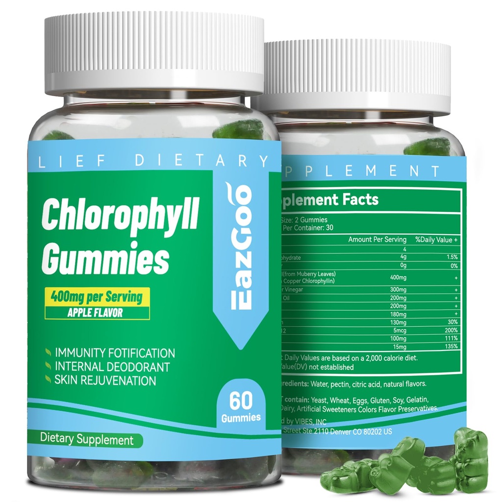 Gummies sans chlorophylle de sucre, vitamine B12 Zinc - Déodorant naturel*, soutient la peau saine et le détox du corps*, l'immunité et le soutien de la digestion, supplément de chlorophylle à cheu pour les femmes - 60 comtes