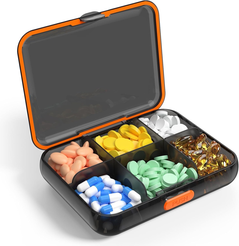 Große Reise Pille Organizer Portable Dispenser Feuchtigkeit Resistant Pillen Fall für Vitamine Medikamente Fisch Öl Ergänzungen 6 Kompartment Pillen Box abnehmbare Dividers (Schwarz)
