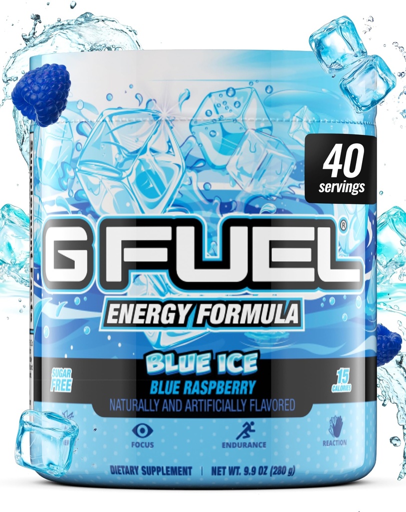 G Fuel Blue Ice Energy Drink Powder, Pre Workout Caffeine Mix für Gaming, Zucker Free Focus Amino, Vitamin + Antioxidantien, 9.9oz (Blauer Himbeer, 40 Portionen)