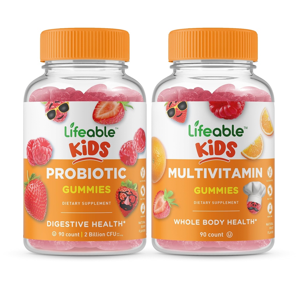 Lifeable Probiotic 2 Billion CFU Kids + Multivitamin Kids, Gummis Bundle - Große Verkostung, Vitamin Supplement, Glutenfrei, GMO frei, Kaugummi