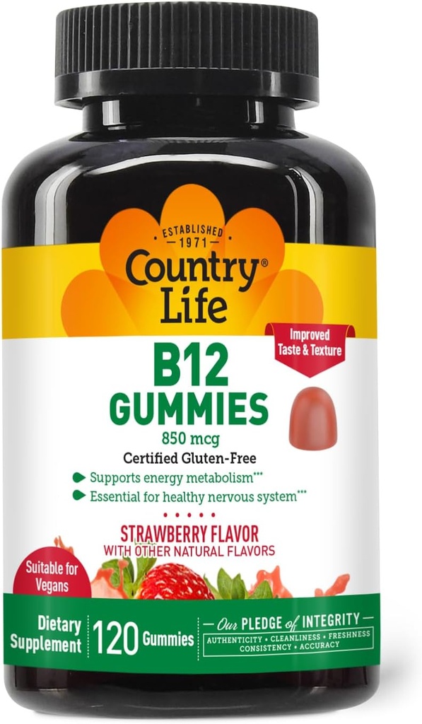 Country Life Vitamin B12 Gummies – 850 mcg Cyanocobalamin, 120 Count – Vegan, Glutenfreie Gummy-Ergänzung für Energie Metabolismus & Nervous System Support – Natürliche Erdbeer-Flasche, 2g Zucker