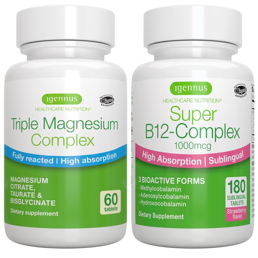 Triple Magnesium Complex + Super B12-Complex Energy Bundle, hohe Absorption Chelat Glycinat, Taurate & Citrate Magnesium + Hohe Absorption Sublingual B12, Vegan, von Igennus