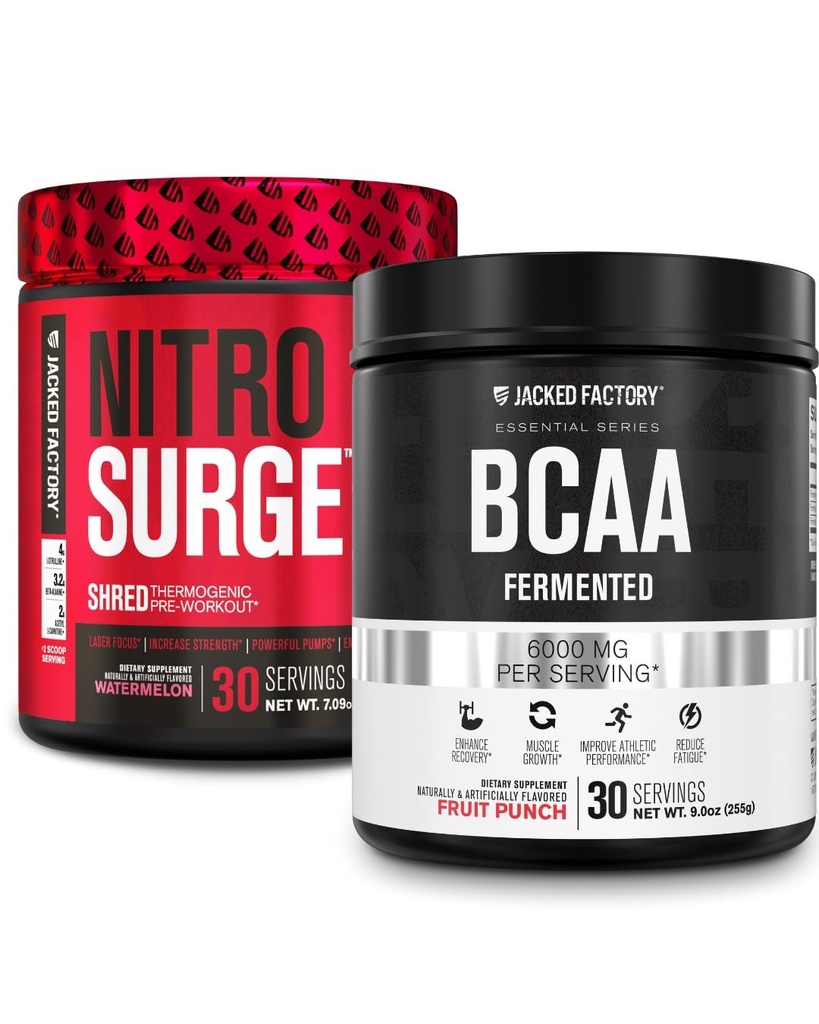 Jacked Factory Nitrosurge Shred Thermogenic PreWorkout in Watermelon & BCAA in Fruit Punch für Body Recomposition, Muskelaufbau und Erholung