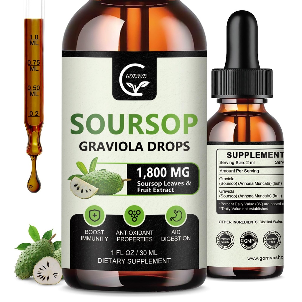 (2 Pack) Sourop Graviola gouttes liquides 1800mg, 98% Absorption Sourop gouttes liquides pour le soutien cellulaire et la régénération, Immune Boost, Relax, Foie et Sommeil, Bonneté à base de plantes, Sans gluten, 1 Fl Oz