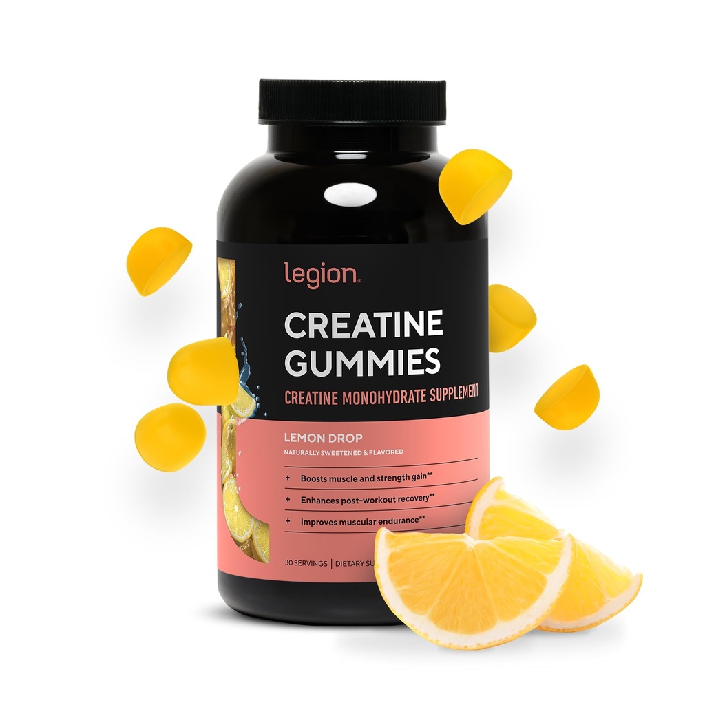 LÉGION Gommies monohydratées de la créatine – Supplément de créatine propre à croquer pour la force, l'endurance et la récupération musculaire – 30 portions d'arôme de goutte de citron – Pas d'arôme artificiel ou d'édulcorants.