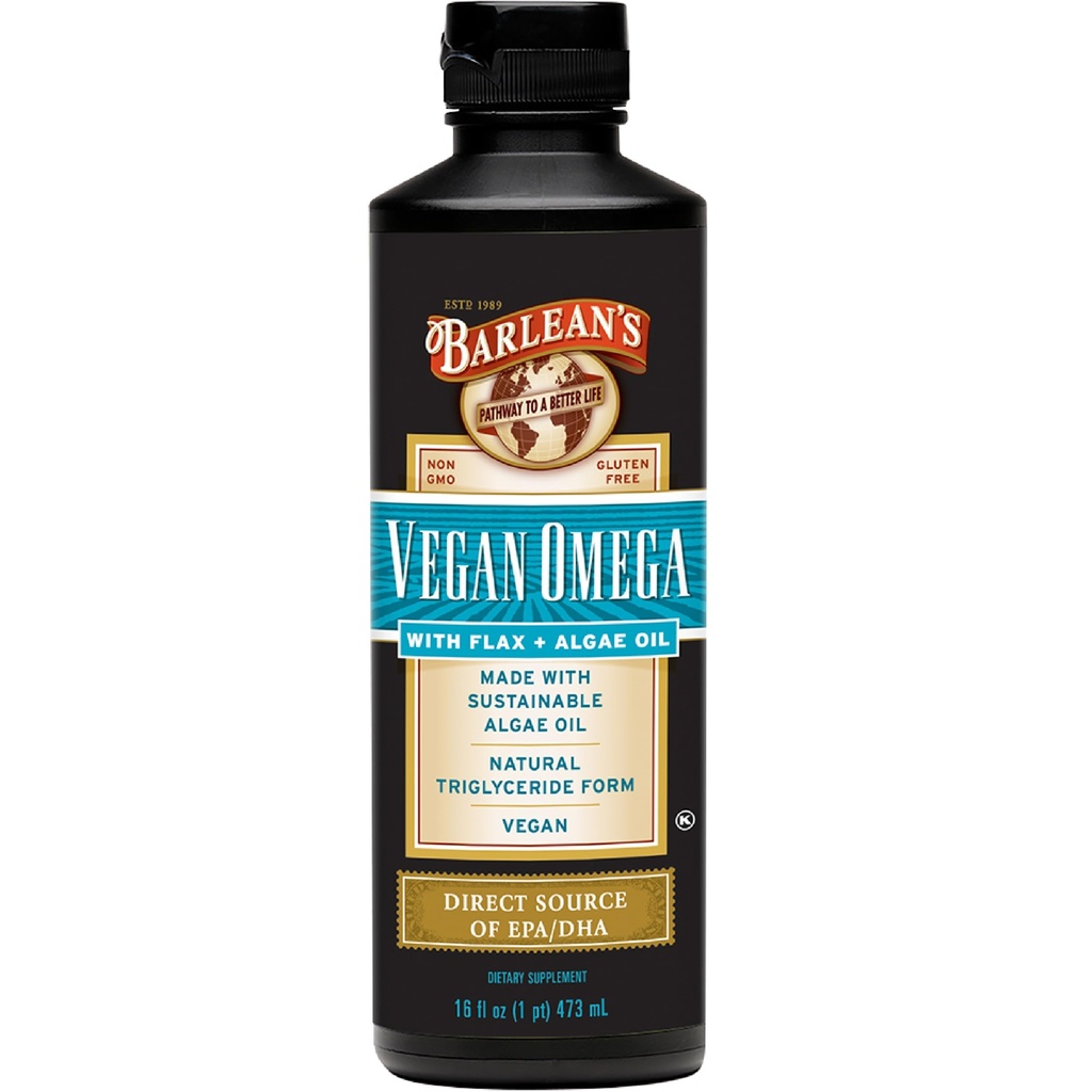 Barlean's Vegan Omega Liquid Flax und Algae Öl Pflanze basierte EPA DHA Ergänzung von Algal Öl und Bio Flaxseed, Omegas 3 6 und 9 Fettsäure Ergänzungen, 16 Unzen