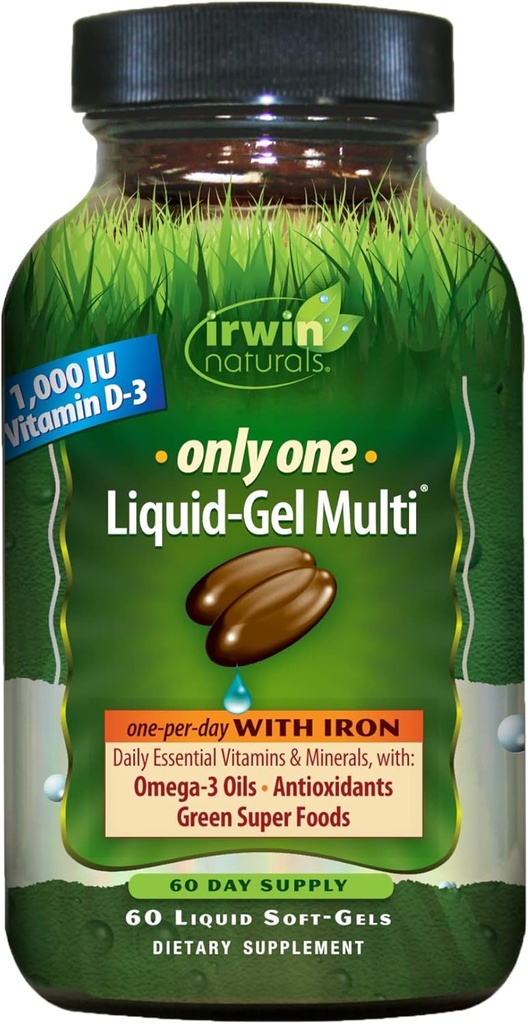 Irwin Naturals Only One Liquid-Gel Multi - 60 Softgels - One-Per-Day Multivitamin mit Eisen, Omega-3 Öle, Antioxidantien & Green Super Foods
