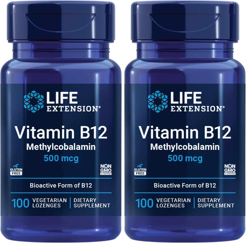 Durée de vie Vitamine B12 méthylcobalamine 500mcg - Supplément de vitamine B12 pour l'énergie générale et la santé du cerveau - Lozanges végétariennes sans sucre dissous dans votre bouche - Une fois par jour - 100 Compte