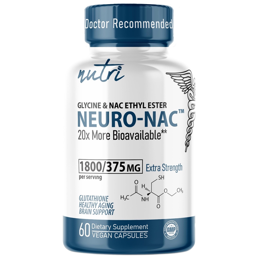 Nutri Neuro NAC Supplement 375mg Extrastärke mit 1800mg Glycin - N-Acetyl Cystein Ethylester - 20x Mehr Bioverfügbar - Boost Glutathione 10x Mehr - 90 Vegan Kapseln - 3. Partei getestet