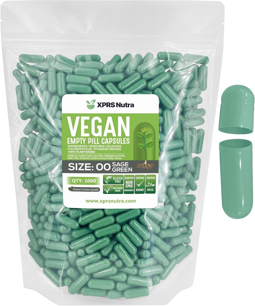 XPRS Nutra Größe 00 Leere Kapseln - 1000 Graf Leere Vegan Kapseln - Vegetarische leere Pillen - DIY Gemüse Kapsel Füllung- Veggie Pillen Caps (Sage Green)