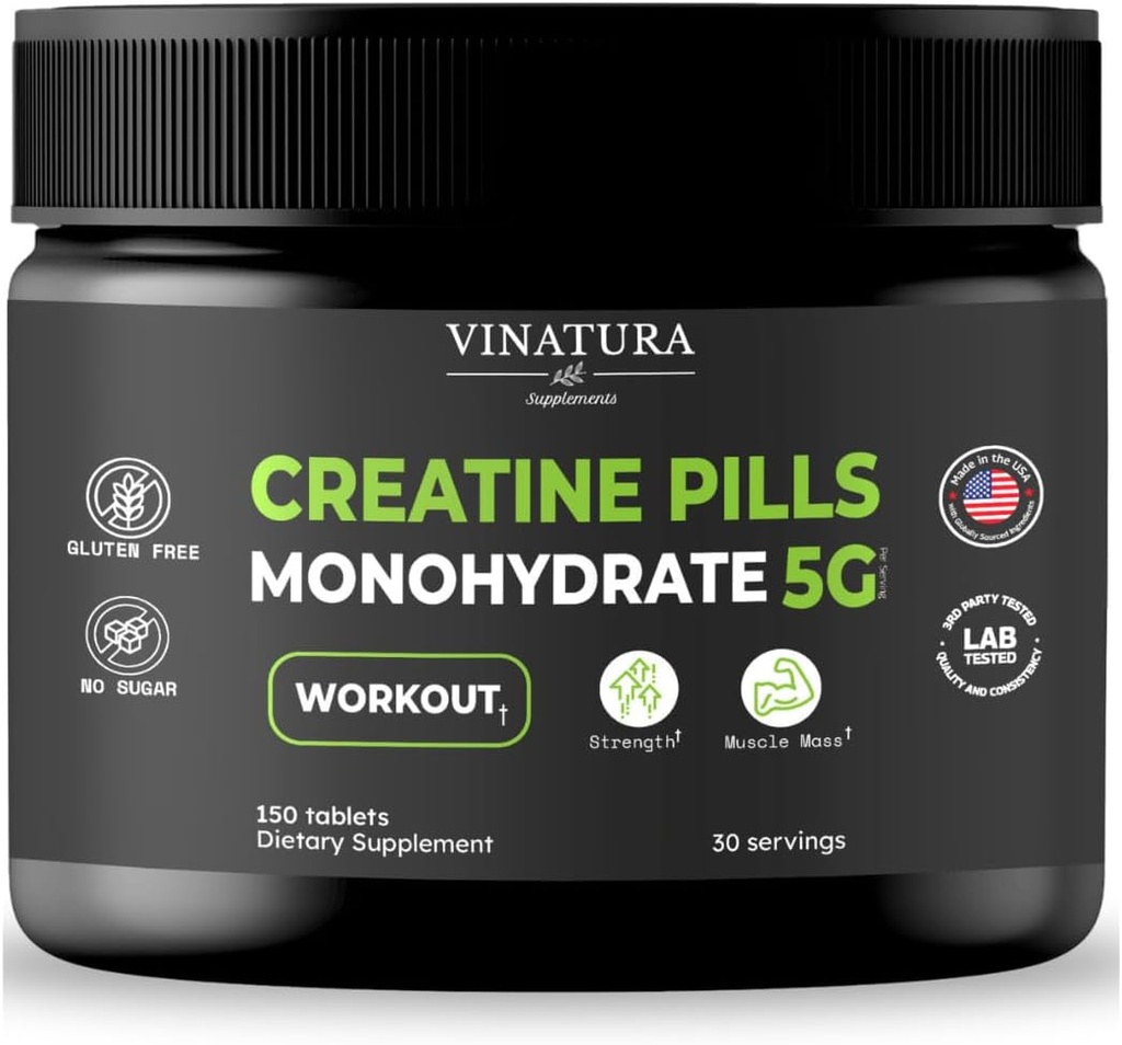 VINATURA Kreatin Monohydrat Pillen 5g - Kreatin Tabletten, Kreatin Pillen für Männer, Frauen, Creatina en capsulas *USA Made & Tested* Unflavored, Kreatin Monohydrat Pulver alt, 150 Tabletten 30 Servierungen