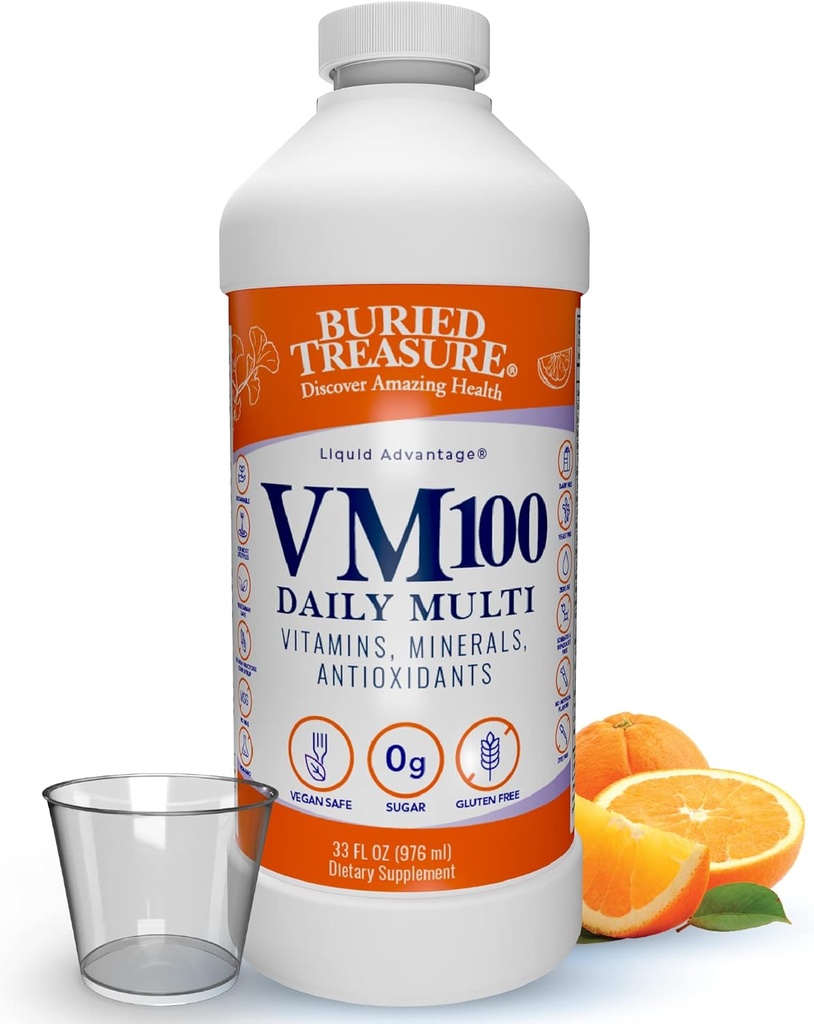 Buried Treasure VM100 Daily Multi - 32 Portionen, Flüssige Vitamine Mineralische Ergänzung mit Dose Cup