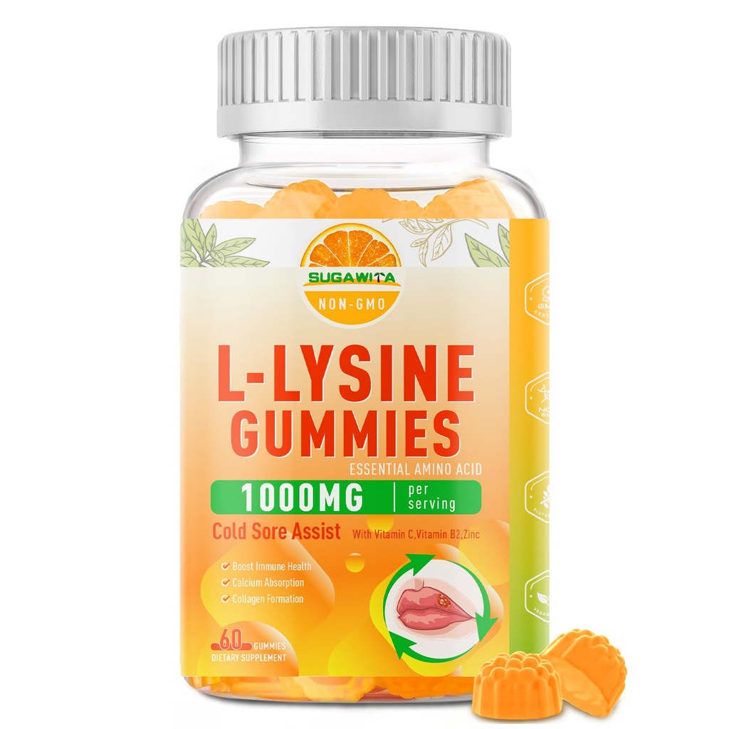 Gommies L-Lysine 1000 mg, supplément de mal à froid avec soutien immunitaire pour les lèvres et orale, Gommies Lysine à croquer pour adultes et enfants, Boost Immune & Collagen, non-OGM, végétalien, sans gluten - 60 comtes