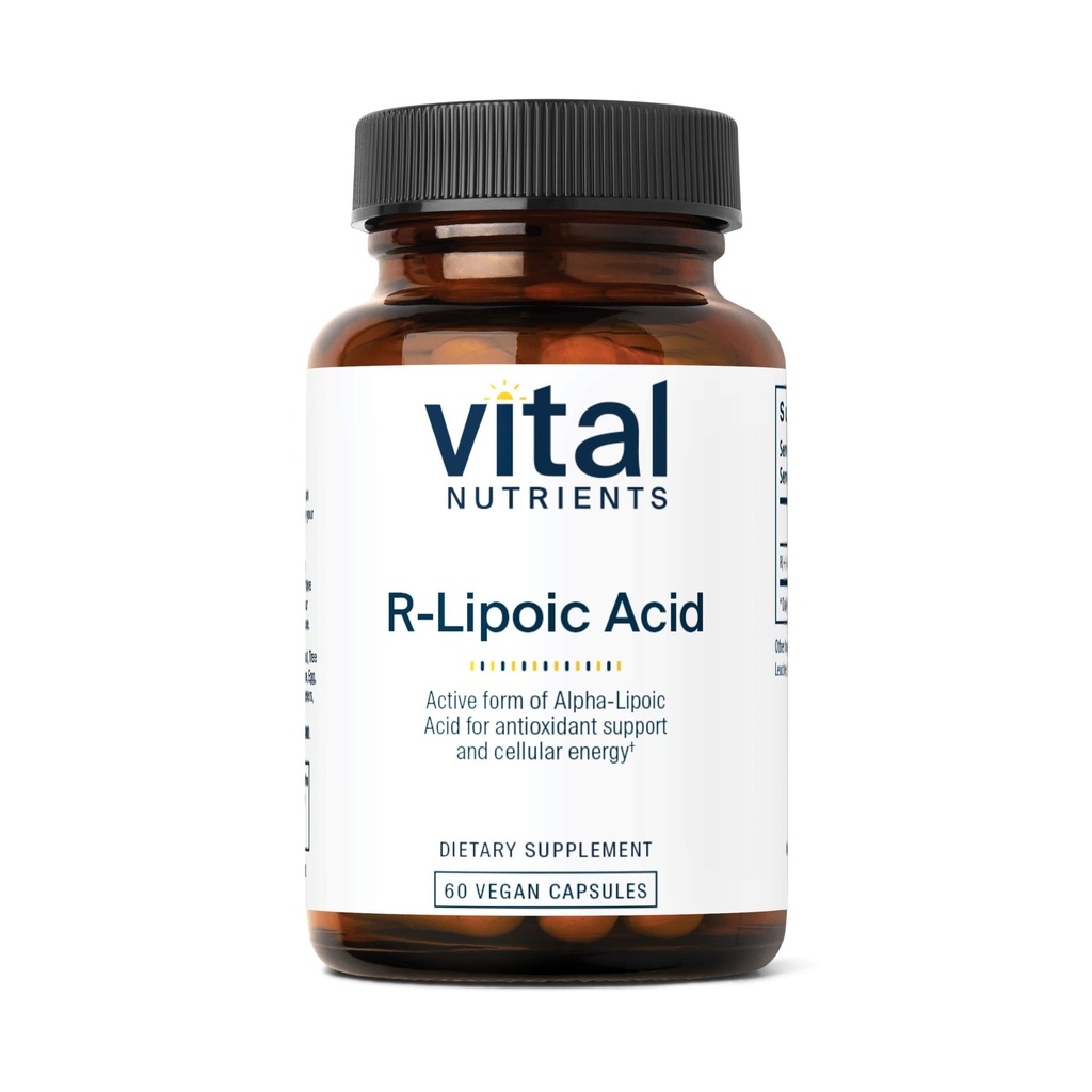 Nutriments vitaux Acide R-Lipoïque (Acide actif alpha-Lipoïque Antioxydant) ALA Supplément pour le métabolisme sain et l'énergie (Gluten, laiterie, sans soja) Non-GMO (60 capsules)