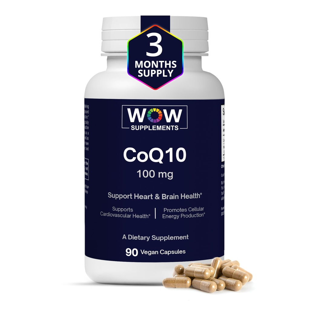 WOW Suppléments CoQ10 100 mg avec Hawthorn Berry - CoQ10 100mg haute absorption pour la production d'énergie, la santé cardiaque et cellulaire - Coenzyme non-OGM, sans gluten Q10 100mg Supplément - 90 Capsules