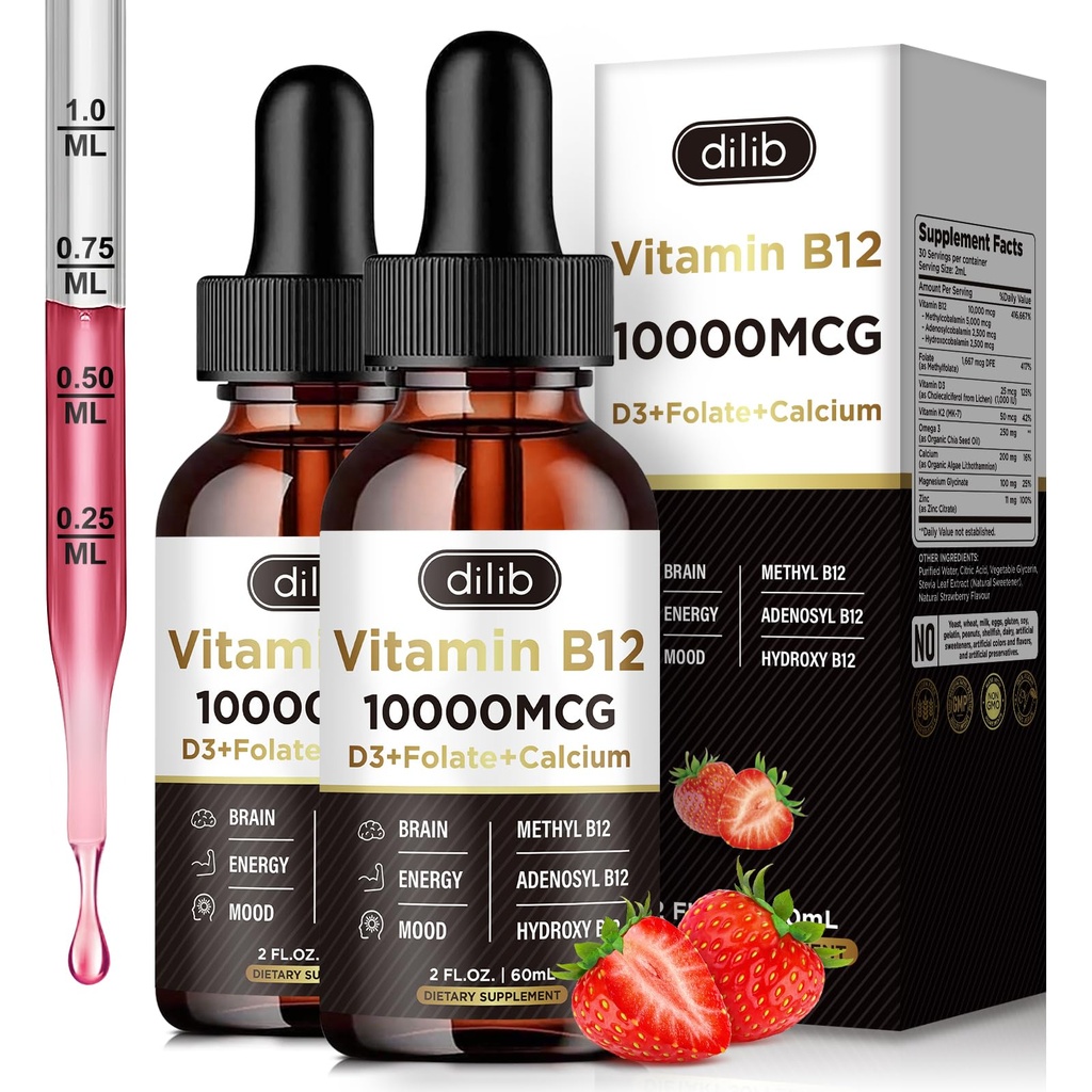 Vitamin B12 Flüssigkeitstropfen Sublingual 10000 mcg, Triple B-12 Complex Supplement, Methyl & Methylcobalamin Blend für Frauen & Männer, Mood & Energy Booster, Metabolism & Health Support, 2 Pack