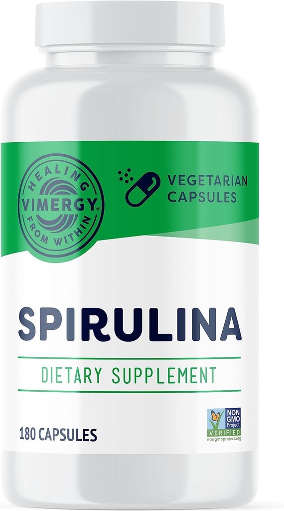 Vimergy Spiruline Capsules – Protéines végétales concentrées soutient la santé immunitaire et la fonction cardiovasculaire – Vegan, Kosher, sans gluten – 180 capsules