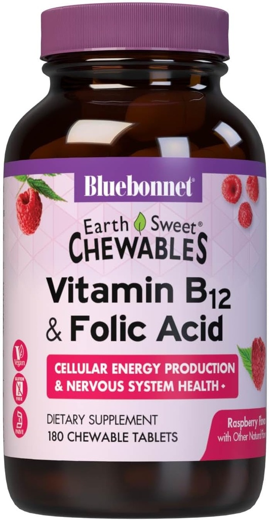 Bluebonnet Nutrition Earth Sweet Vitamin B12 1000 mcg & Folic Acid 400mcg Brain Health & Energy* Vitamine für Damen und Herren - Vegan, Glutenfreie Himbeere B 12 Vitamin - 180 Kautabletten