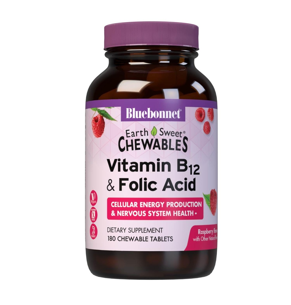 Bluebonnet Nutrition Terre Vitamine douce B12 1000 mcg et acide folique 400mcg Cerveau Santé et énergie* Vitamines pour les femmes et les hommes - Framboise végétalienne, sans gluten B 12 Vitamine - 180 comprimés à croquer