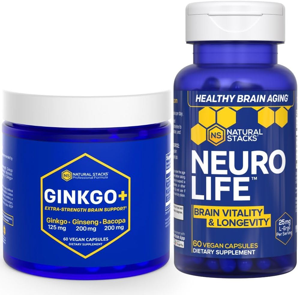 NATURAL STACKS Ginkgo Biloba + NeuroLife Supplement Bundle - Unterstützt Mental Performance & Brain Langlebigkeit* - 120 Gesamtkapseln