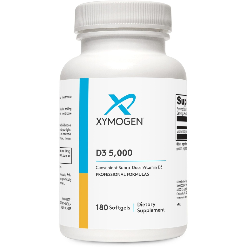 XYMOGEN D3 5000 - Bioverfügbares Vitamin D3 5000 IU (125 mcg) - Hohe Potenz Vitamin D Ergänzung zur Immungesundheit, Knochen + Herzgesundheit (180 Softgel)