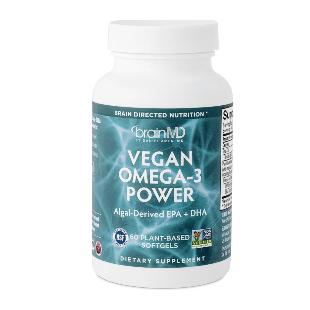 BRAINMD Dr. Amen Vegan Omega-3 Power - 60 pflanzenbasierte Softgele - 1.100 mg EPA & DHA - Unterstützt Fokus, Gedächtnis und Herzgesundheit - Vegan, Gluten Free & Non-GMO - 30 Servierungen