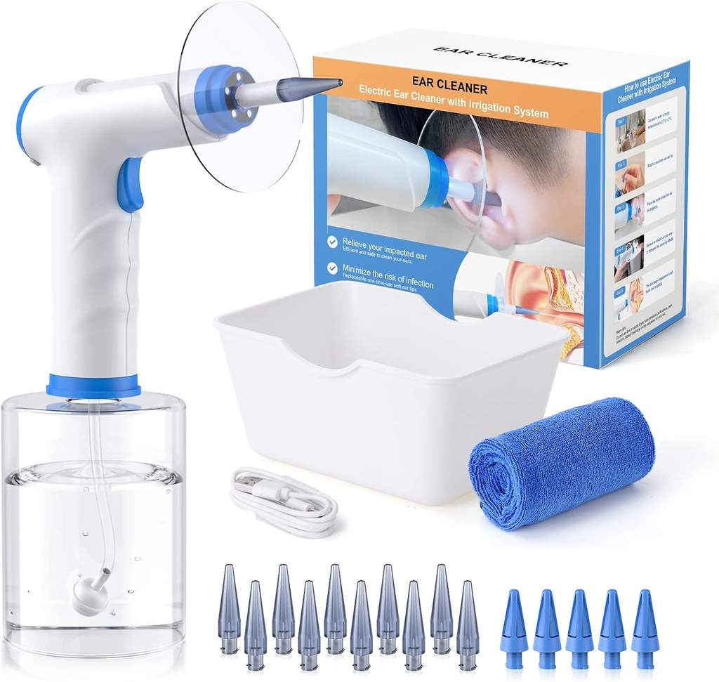 Ear Wax Removal, Electric Ear Cleaning Kit with Light, FSA-HSA-Eligible, Ear Irrigation Kit with 4 Pressure Modes, Safe and Effective Ear Flush Kit with Ear Cleaner - Includes Basin, Towel & 15 Tips