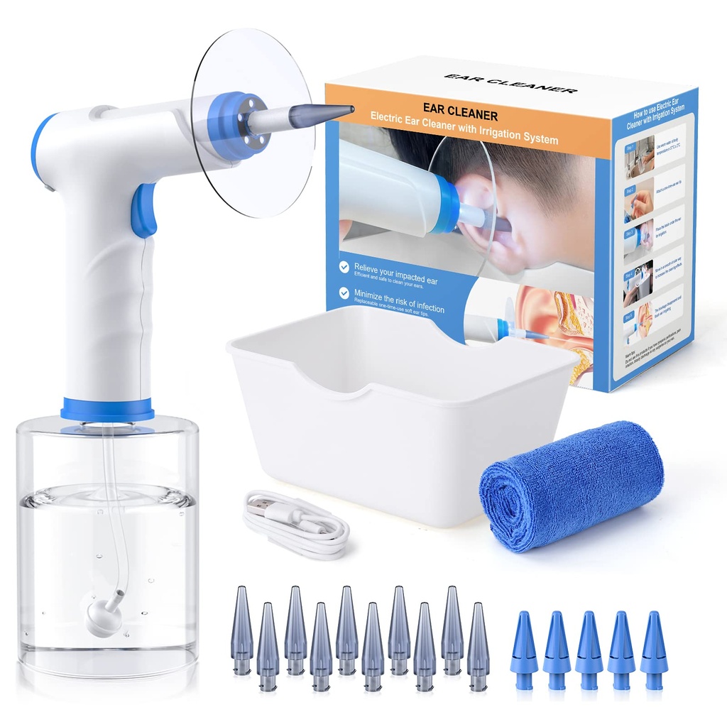 Wax-Entfernung, Elektro-Ear-Reinigungs-Kit mit Licht, FSA-HSA-Eligible, Ohr Bewässerungs-Kit mit 4 Druckmodi, Safe and Effective Ear Flush Kit mit Ear Cleaner - Inklusive Becken, Handtuch & 15 Tipps