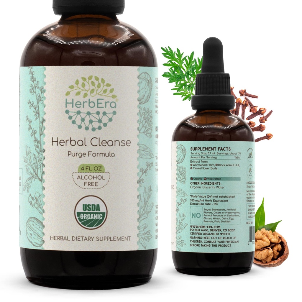 HerbEra Kräuterreiniger Bio-Alkohol-freie Tinktur | Detox und Cleanse Formel, Extrakt Ergänzung | Bio-Wurmholz Kräuter, Schwarz Walnussschalen, Gewürze Blume Buds | Purge Extract (4 fl oz)