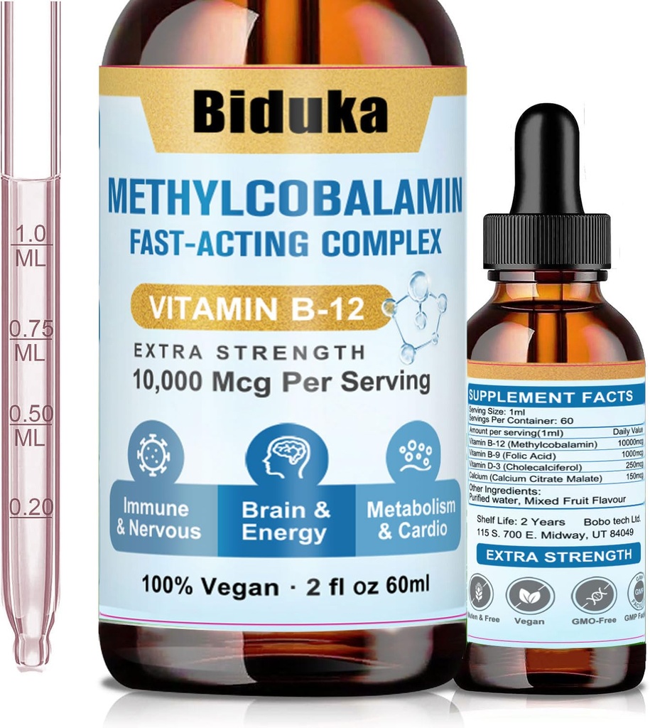 10.000mcg Vitamin B12 Sublingual Liquid Drops, Einzigartige Formel mit D3, B9(Folic Acid), Calcium, Support Energy, Heart, Mood, Gehirn, Immunsystem, Vegetarisch, Non-GMO & Gluten Kostenlos