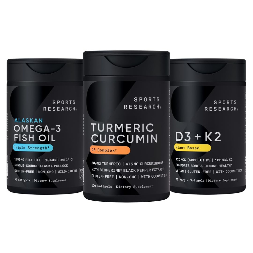 Sportforschung Wild Alaskan Pollock Omega 3 Fish Oil 90 Softgels (1250 mg), Kurkumin C3 Complex (120 Softgels) und Vegan 5000 IU Vitamin D + 100mcg Mk7 Vitamin K (60 Softgels)