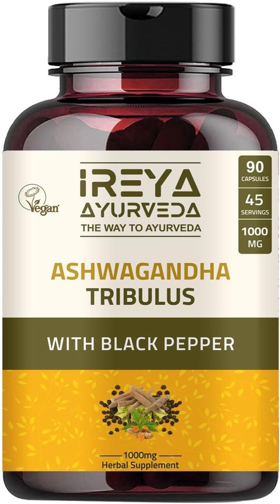 Capsules Ashwagandha Organic 1000mg (90 Capsules) faites avec Tribulus Terrestris, Shatavari et Black Pepper Ingrédients organiques