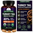 SCIENCES DE CANCER Turquie Tail Wellness Champignons Supplément, extrait biologique certifié USDA, force supplémentaire 1 500 mg, puissance élevée 40% Beta-Glucans, Gut & Immune Support, Digestive Naturel, 120 Capsules