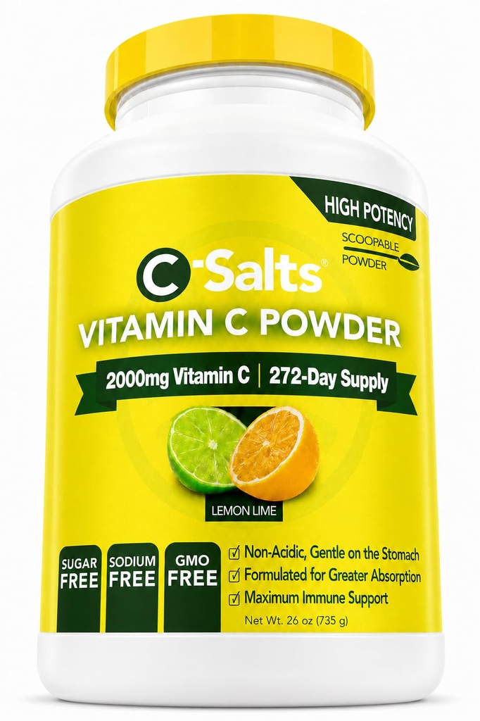 C-Salts Vitamin C Powder Supplement - 100% reines hoch dosiertes gepuffertes Vitamin C-Pulver für Immununterstützung - bio, Sugar-Free, Vegan, Non-GMO, Stomach-Friendly, Lemon Lime 26oz