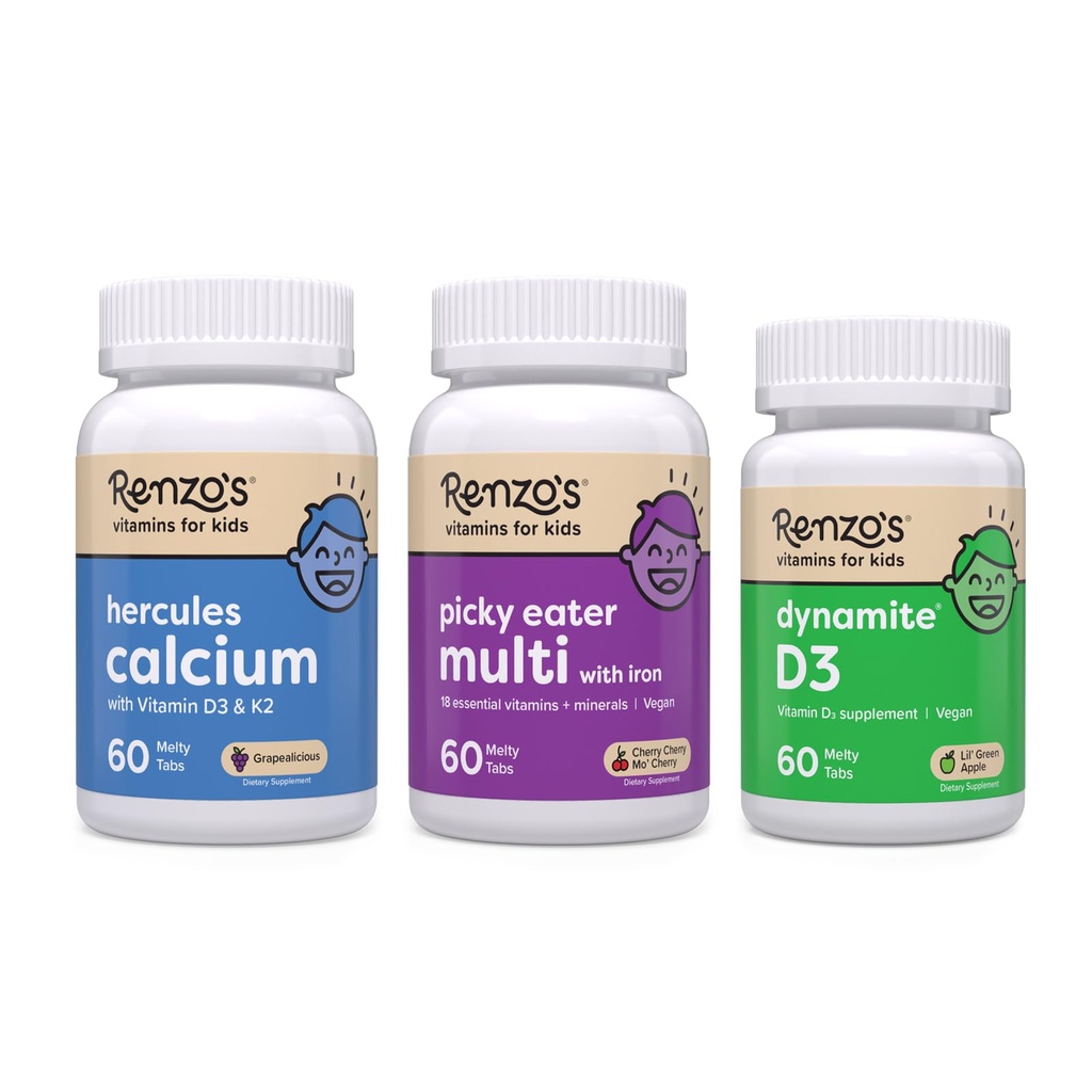 Renzo's Vitamins Stronger Now Bundle - Picky Eater Kids Multivitamin, Hercules Calcium, and Vitamin D3 for Kids
