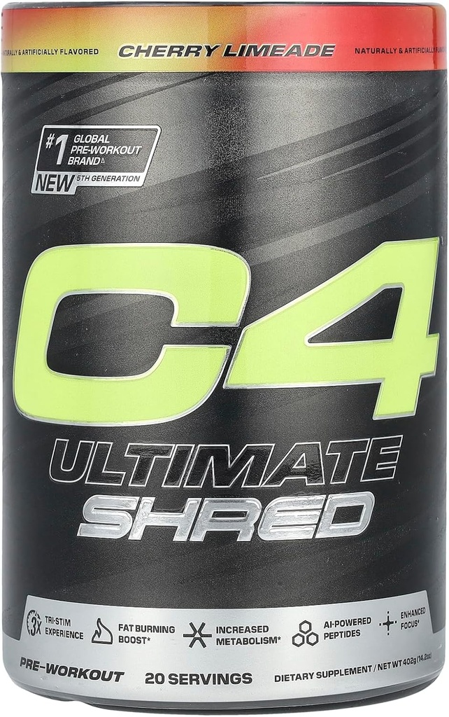 Cellucor C4 Ultimate Shred pré-entraînement poudre, supplément de métabolisme avec Cayenne Extract+300mg Caféine+TeaCrine+Dynamine - Cherry Limeade, 20 portions