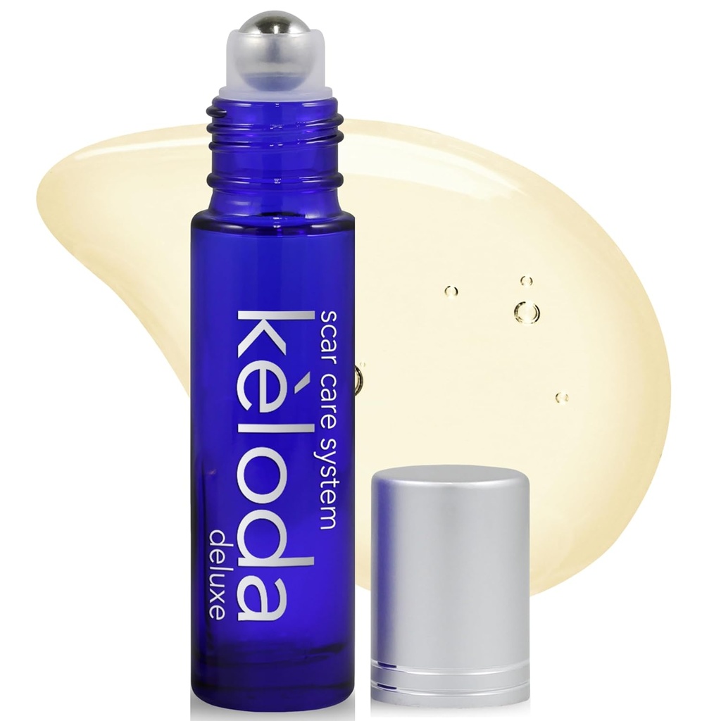KELODA Deluxe Scar & Keloid Entfernung Öl & Massager, 0.33 Unze | Zur Behandlung von chirurgischen Narben und Piercing Keloide, Akne, Burns | Mit Kokosnuss, Shea, Turmeric, Lavender, Helichrysum Öle und Vitamin E