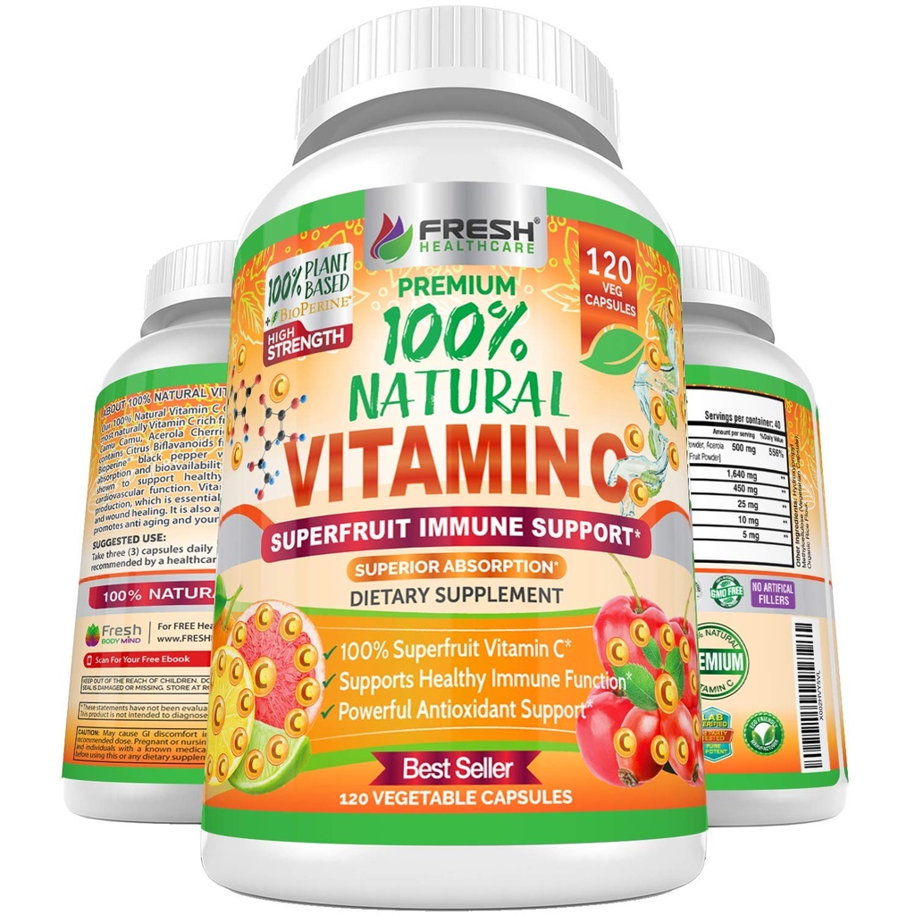 Soins de santé frais 100% Vitamine naturelle C - 500mg de Rose HIPS, Acerola Cherry & Camu Camu - Soutien immunitaire haute absorption, peau, articulations et collagène Booster avec agrumes Biflavonoïdes - 120 Capsules