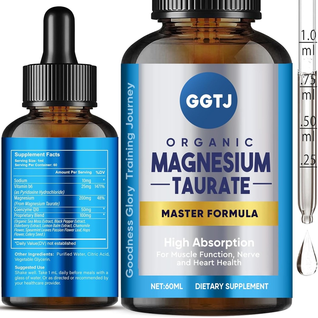 Taurate de magnésium, goutte liquide de Taurate de magnésium, supplément de magnésium à haute absorption pour la santé cardiovasculaire, la fonction musculaire et nerveuse, 2 oz