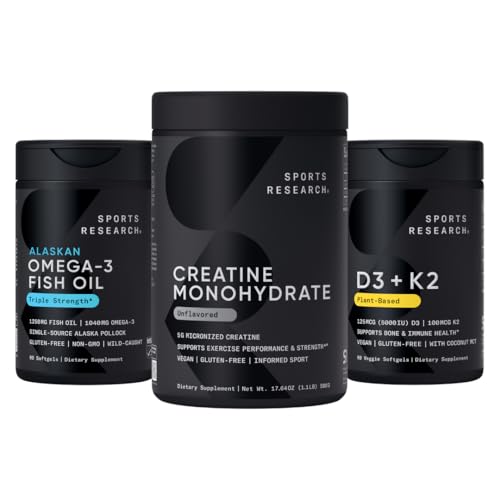 Sportforschung Triple Strength Omega 3 Fischöl - Burpless Fish Oil Supplement w/EPA & DHA Fettsäuren, Kreatin Monohydrate & Pflanzenbasierte Vitamin D3 K2 mit Kokosöl