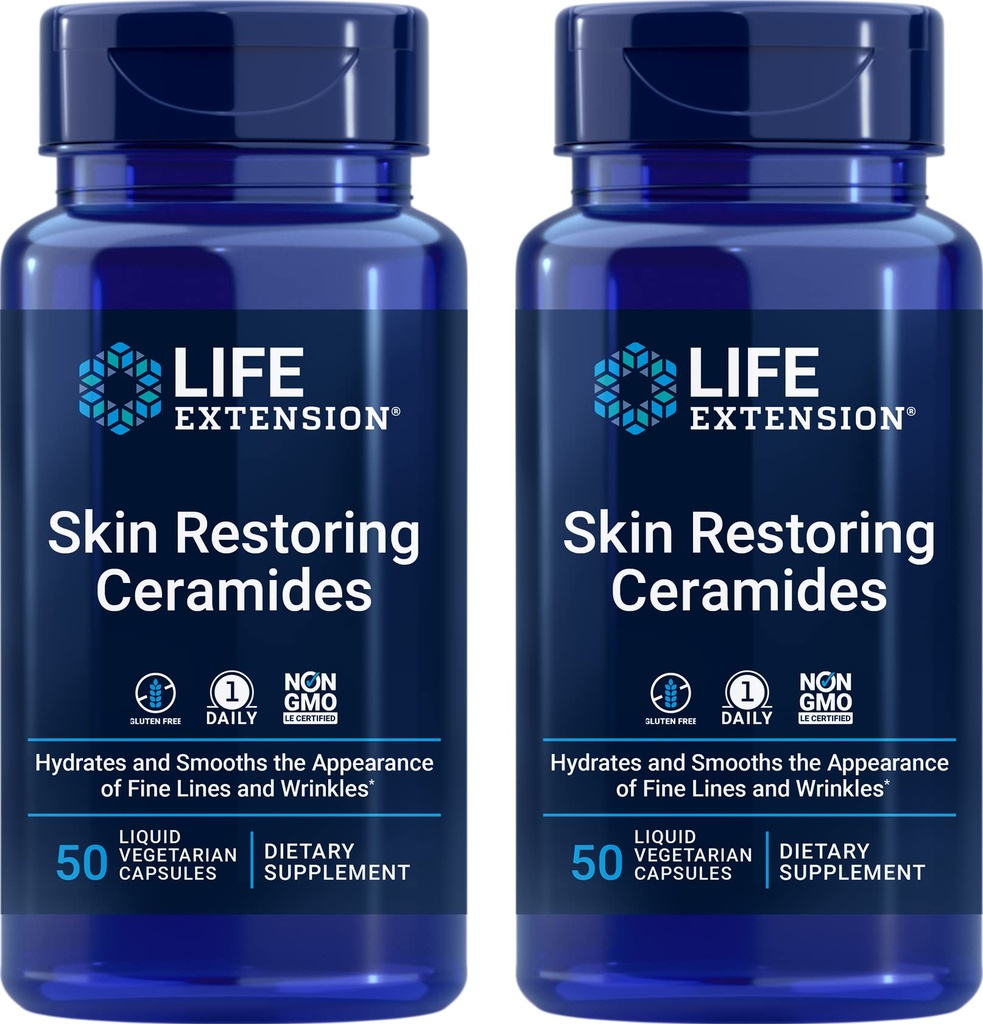 Prolongation de la durée de vie de la peau Restaurer les céramides, 50 capsules de légumes liquides (paquet de 2) - Non-OGM, supplément phytocéramide végétarien