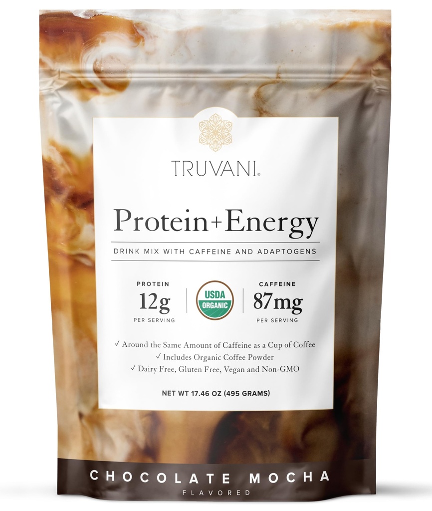 Truvani Protein + Energy Drink Mix mit 87mg Koffein | Schokolade Mocha | 12g Bio-Pflanzen basiertes Protein | 20 Servierungen | USDA Bio-Kaffeepulver & Adaptogene | Gluten & Dairy Free | Vegan