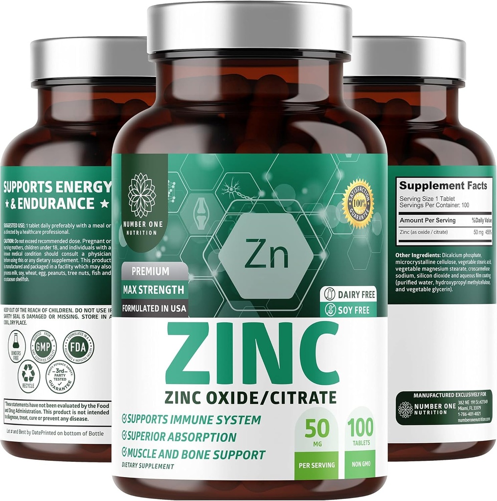 N1N Premium Zink 50mg [3X Absorption, Vegan] Alle natürlichen Zinkoxid und Citrat Ergänzung für Immununterstützung, Hautgesundheit und bessere Verdauung, 100 Tabletten