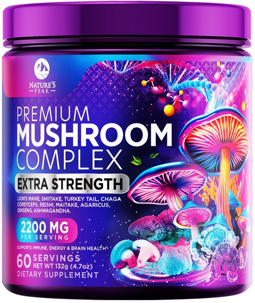 Poudre de complément de champignons 2200mg - 11 en 1 poudre de formule complexe avec la Mane de Lions organiques, Reishi, Cordyceps, Chaga, Turquie Tail Supplément d'extrait de champignons pour la mémoire et le soutien du cerveau - 60 portions